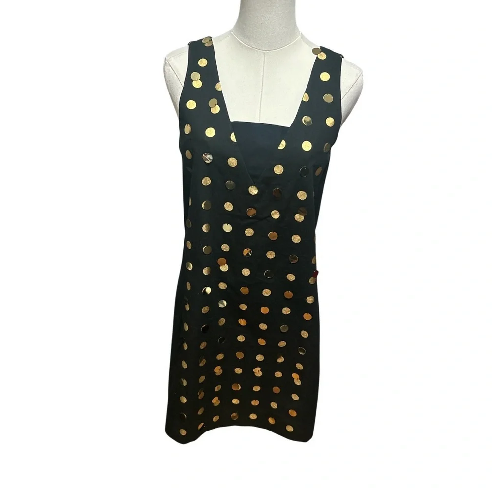 Kate Spade Saturday Gold Polka Dot Shift Dress Size 4 Black Sleeveless Party